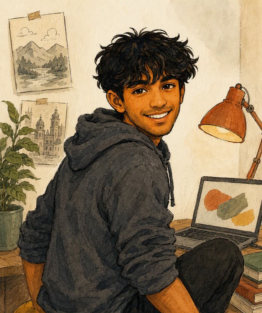 An illustrated Hari laughing in a warm creative studio